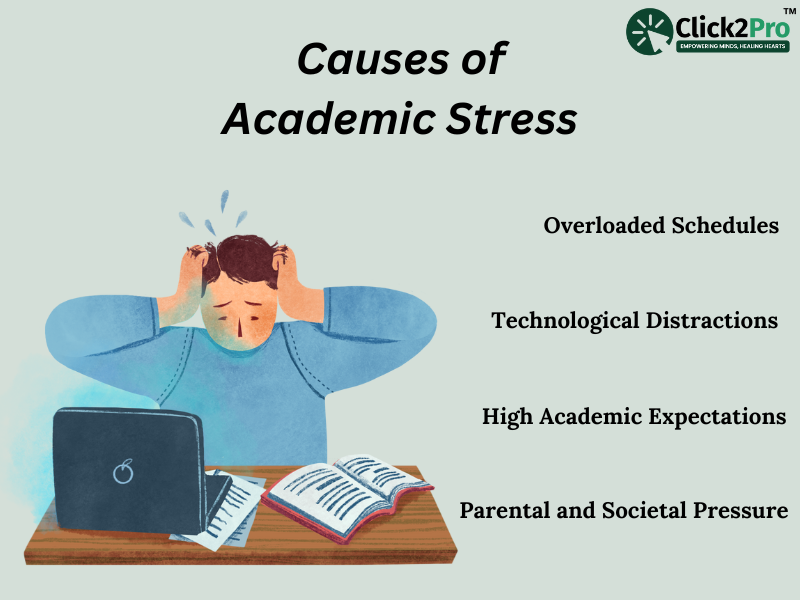 Visual showing causes of academic stress: overloaded schedules, distractions, expectations, and pressure.