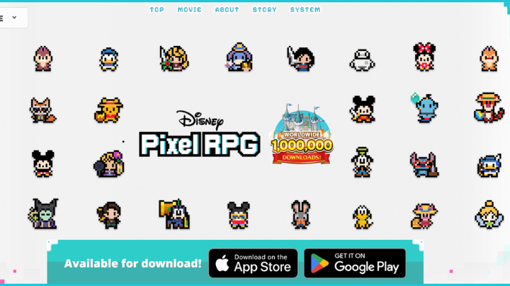 Disney Pixel RPG 的網站介面，顯示不同的角色和下載選項