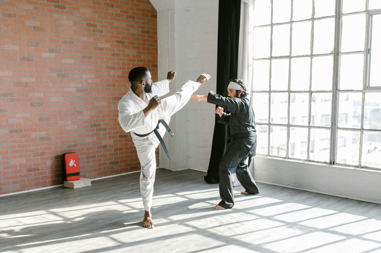 Two martial arts instructors practicing kicks, each demonstrating precise technique and control in a training session.