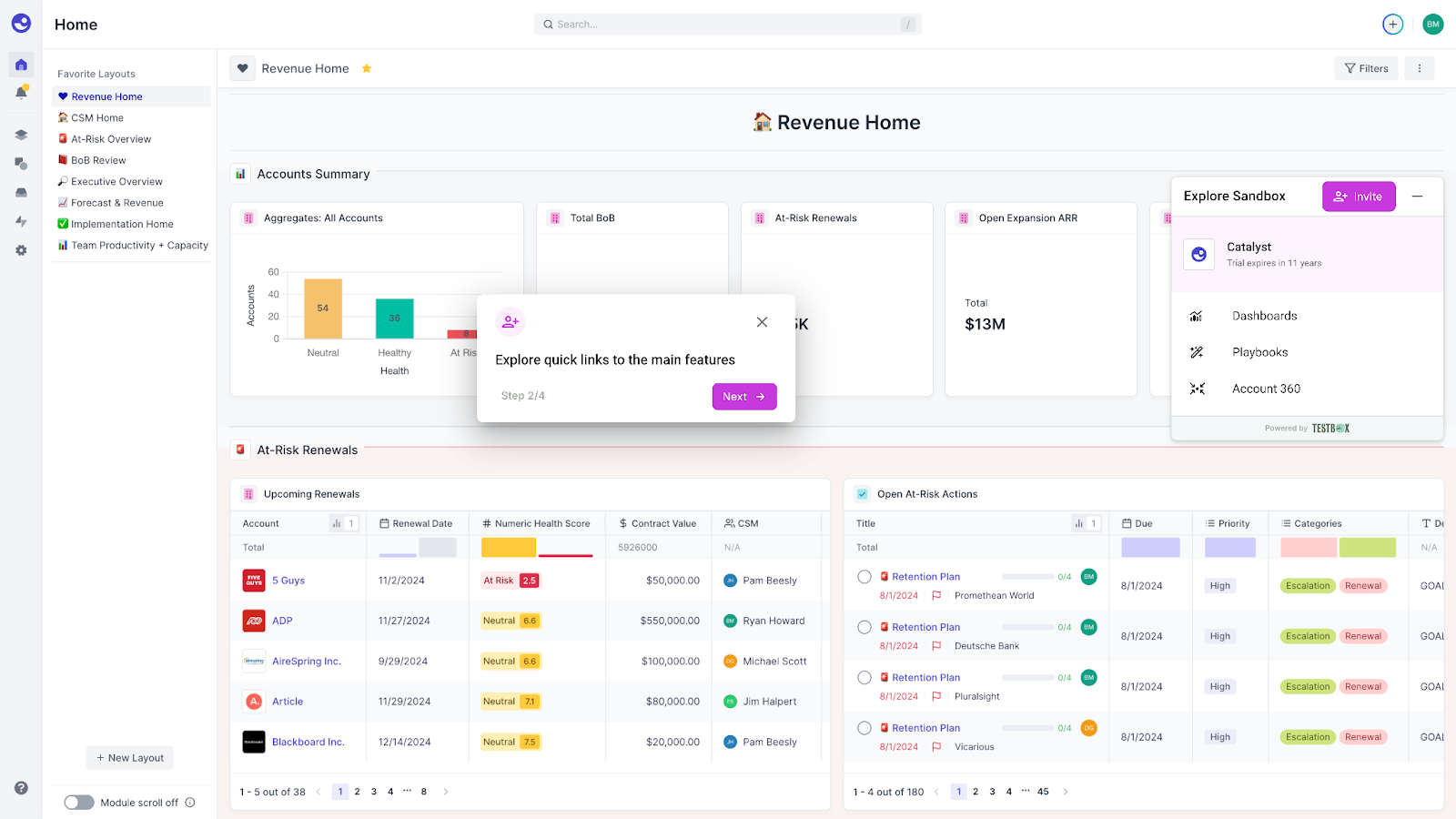 Revenue Home dashboard showing account health metrics, upcoming renewals, and at-risk actions, with a product tour overlay explaining main features.