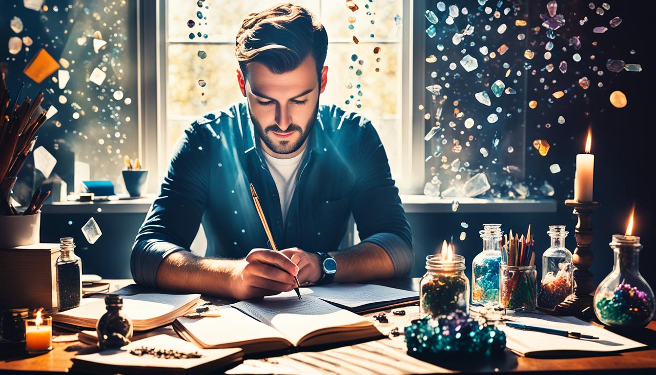 Create an image of a person sitting at a desk with a pen and notebook in front of them. The desk is cluttered with various items, such as crystals, candles, and incense. The person is gazing out of a window, lost in thought while writing in their journal. Sunlight is streaming in through the window, casting shadows over the desk. The pages of the journal are filled with drawings and writing, depicting the person's dreams and aspirations. Above the person's head is an energy bubble filled with vibrant colors, representing the manifestation of their desires.