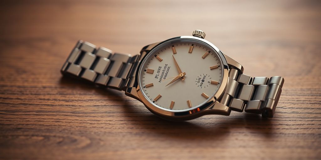 Elegant watch on wooden surface with soft lighting.