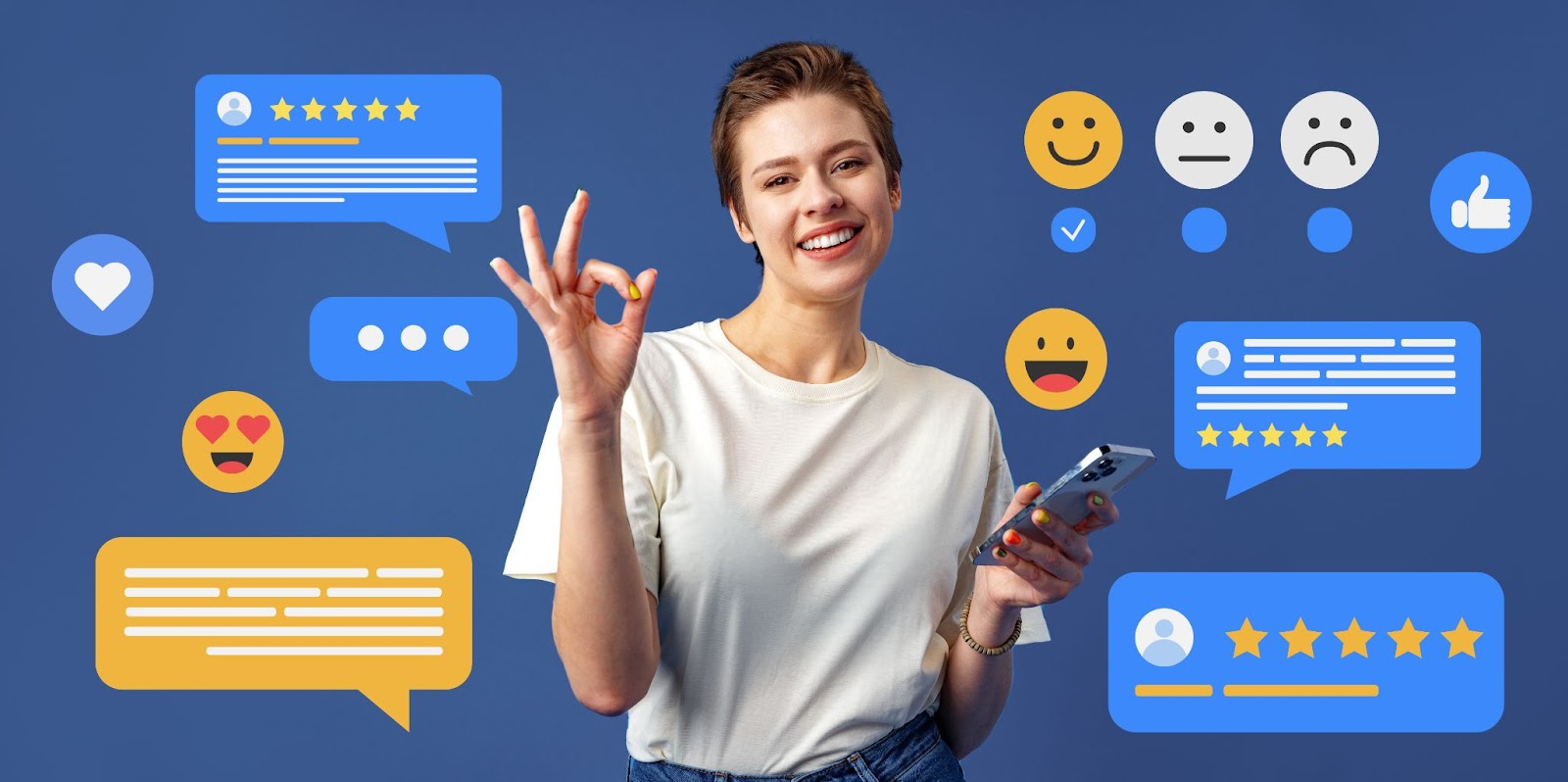 Woman surrounded by emojis and text bubbles. 