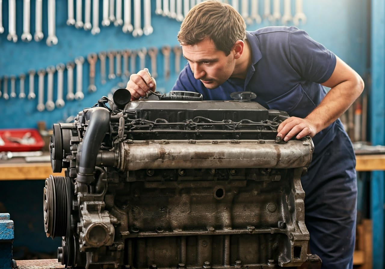 Mechanic inspecting a diesel engine