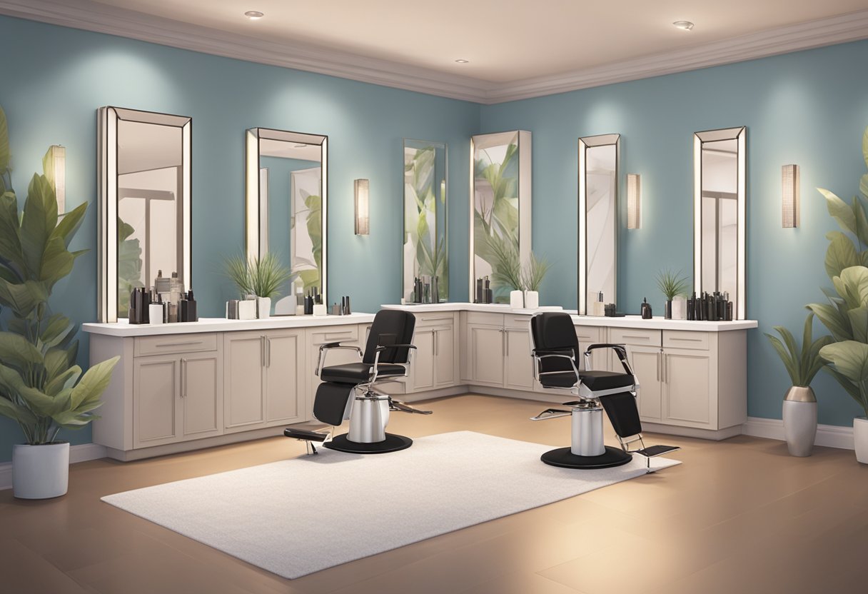 A serene salon setting with a lash technician consulting a client on aftercare and maintenance. Soft lighting and comfortable seating create a relaxed atmosphere