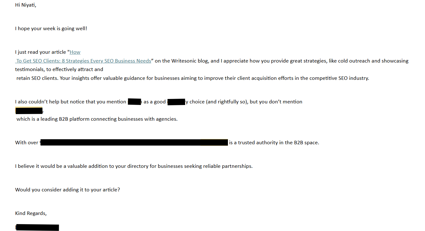 An example of an email asking to get their brand mentioned in a relevant article