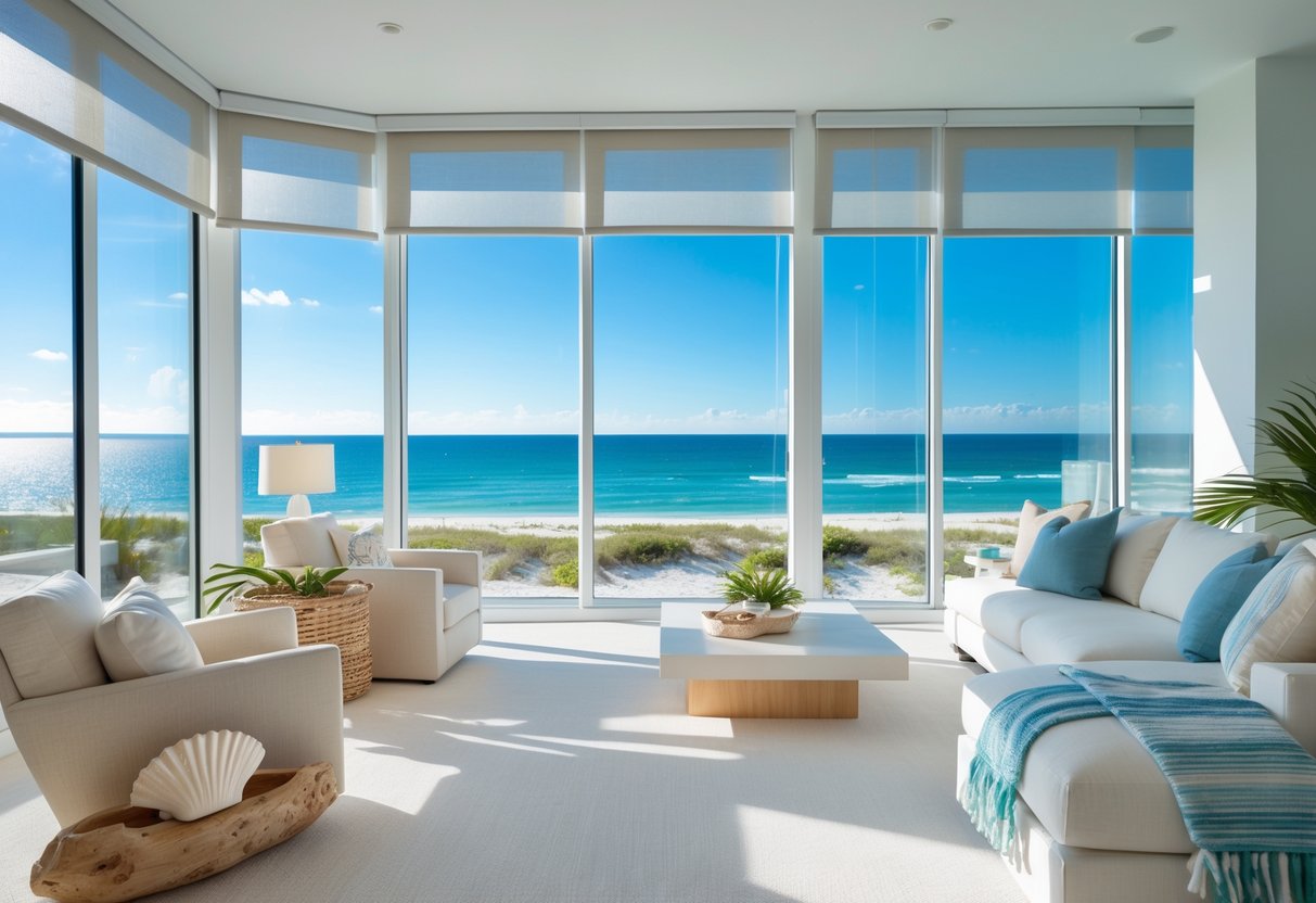 A coastal living room with large windows showing a clear ocean view, filtered by light window treatments that reduce sunlight but keep the view visible.