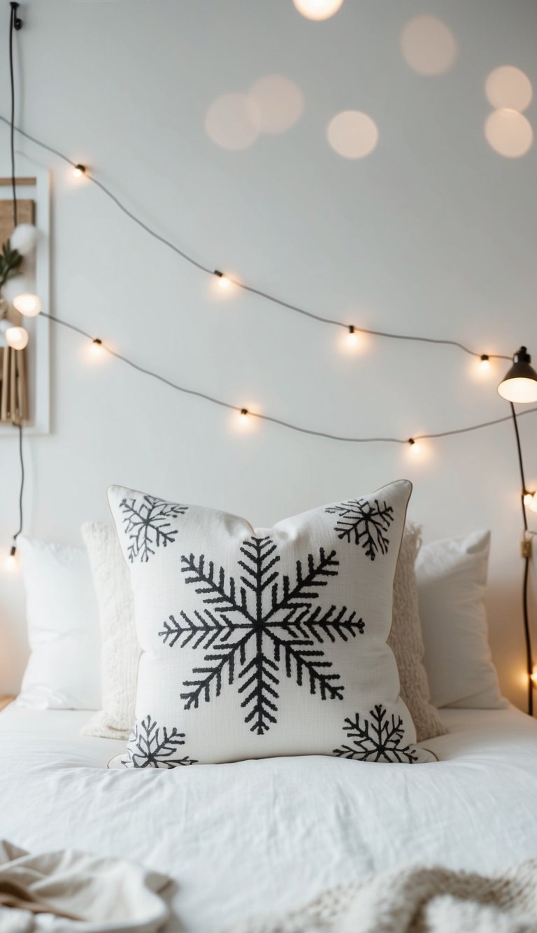 A cozy white bedroom with a snowflake-patterned throw pillow on the bed, surrounded by soft lighting and minimalist decor