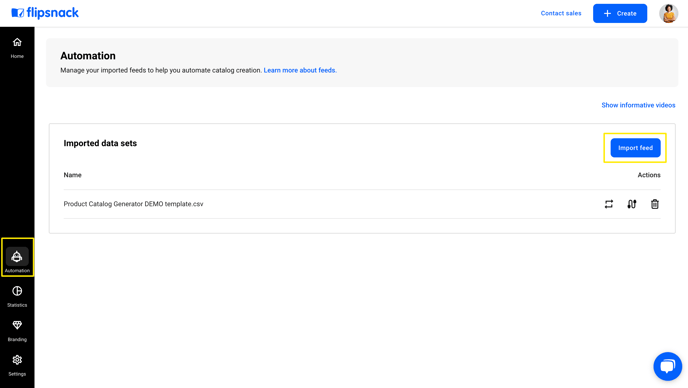 automation on the main dashboard in Flipsnack, click on Import feed