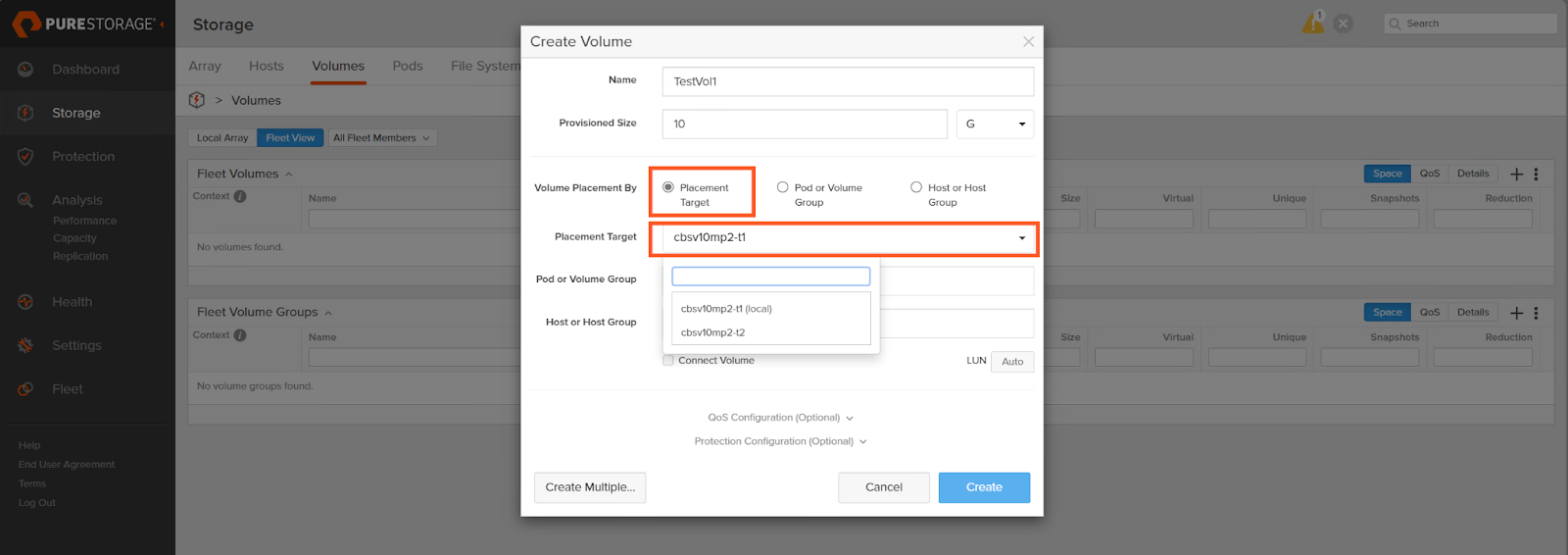Pure Storage create volume