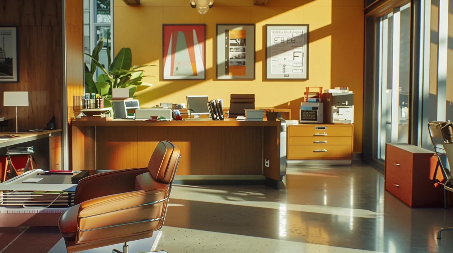 a sleek, modern office space is immaculately organized, featuring gleaming surfaces, vibrant desk accessories, and an inviting atmosphere, emphasizing the essential link between cleanliness and enhanced employee productivity.