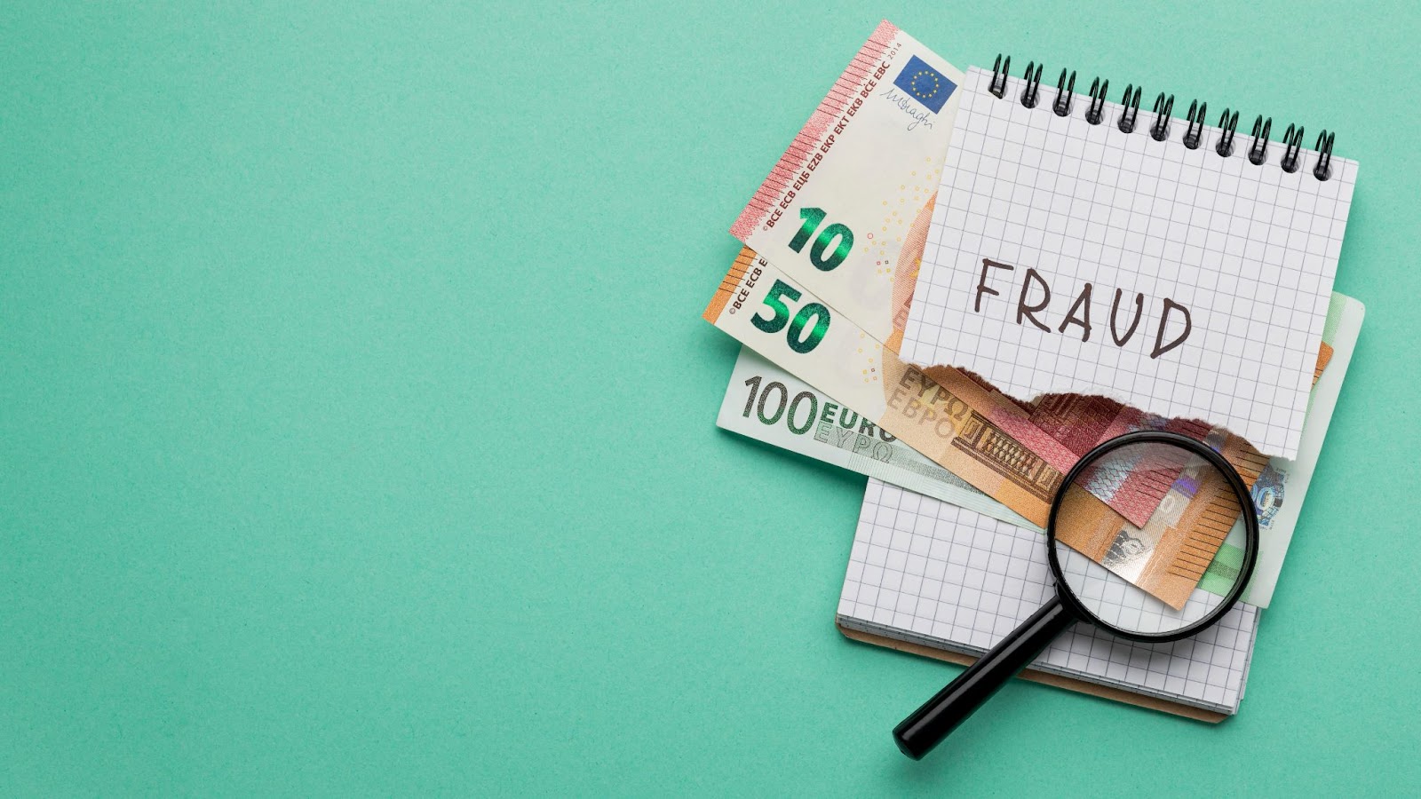 Financial fraud concept with Euro notes under magnifying glass on notepad