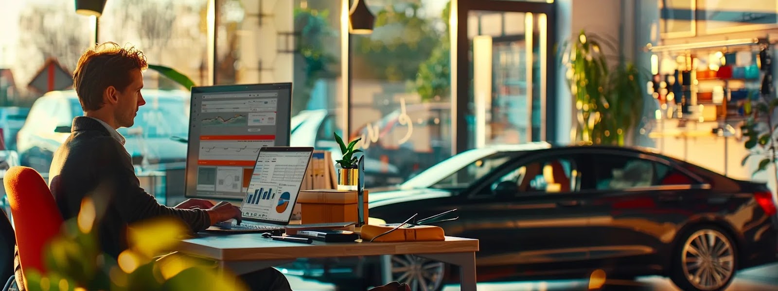 a person comparing car insurance quotes on a laptop, surrounded by charts and graphs, in a bright and modern office setting.