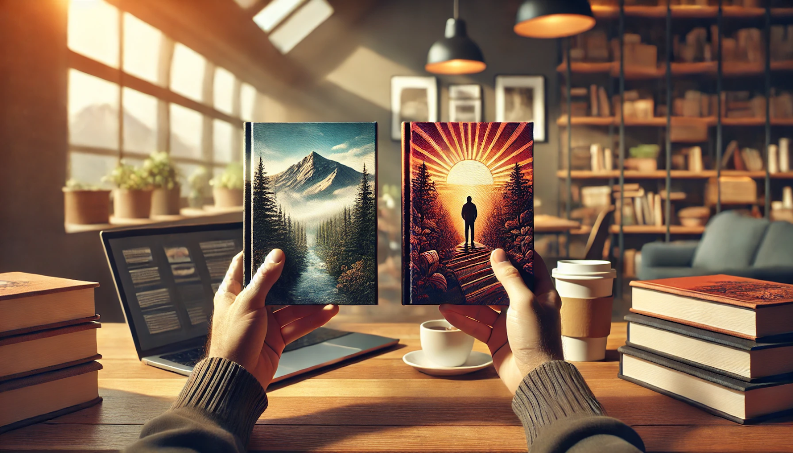 A person holds two hardcover books in a cozy café. One cover shows a mountain landscape, the other a silhouette walking toward the sun. A laptop, coffee, and books sit on the table
