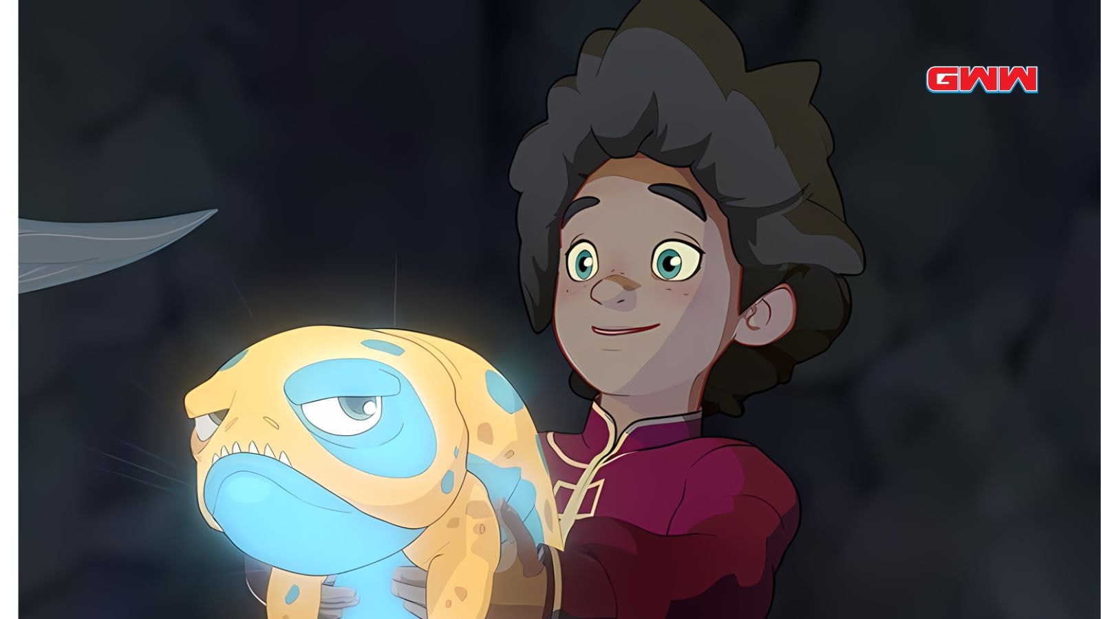 Ezran holding Bait, glowing toad from The Dragon Prince Season 7