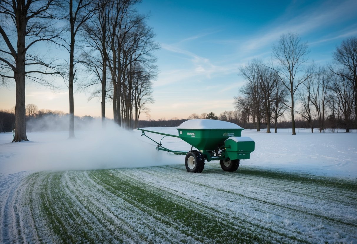 A snowy lawn with a spreader applying fertilizer, surrounded by bare trees and a winter sky