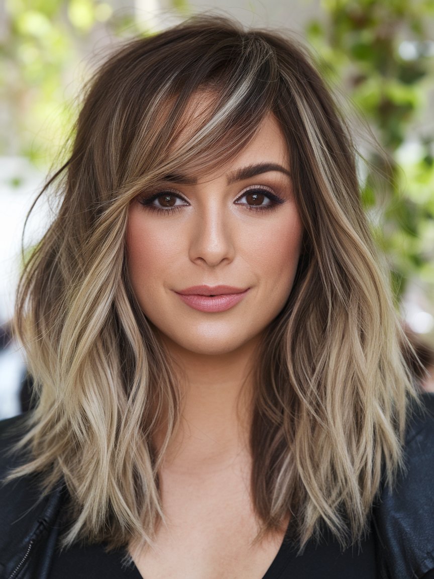 13. Face-Framing Layers with Side-Swept Bangs