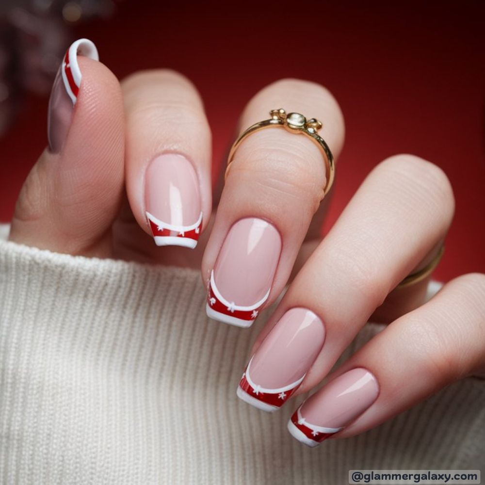 French Tip Christmas Nails having White and Red Festive Tips
