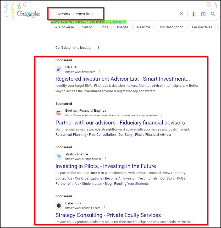 Google search results for financial services realted marketing keywords.