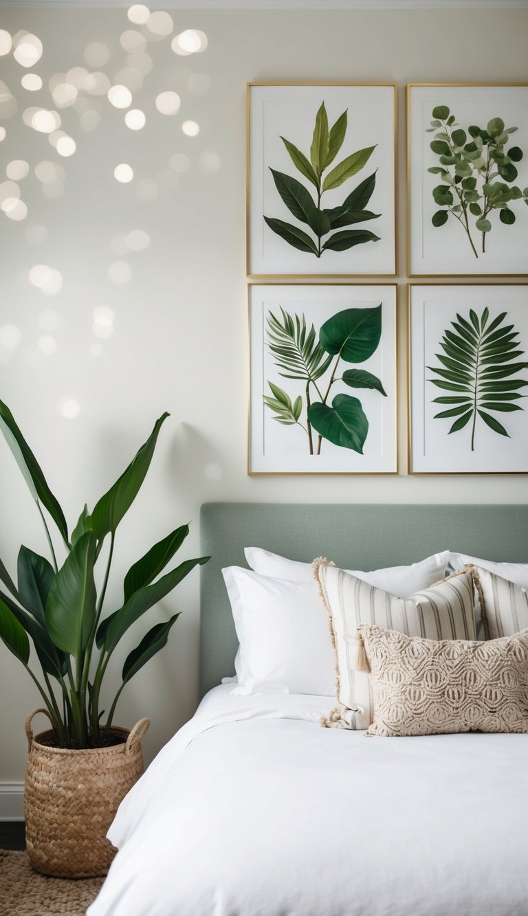 Lush botanical prints cover the walls of a serene bedroom, adding a natural and calming atmosphere