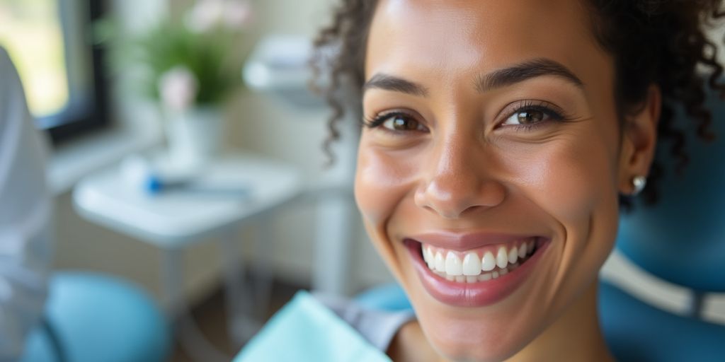 Smiling patient with perfect teeth in dental office.