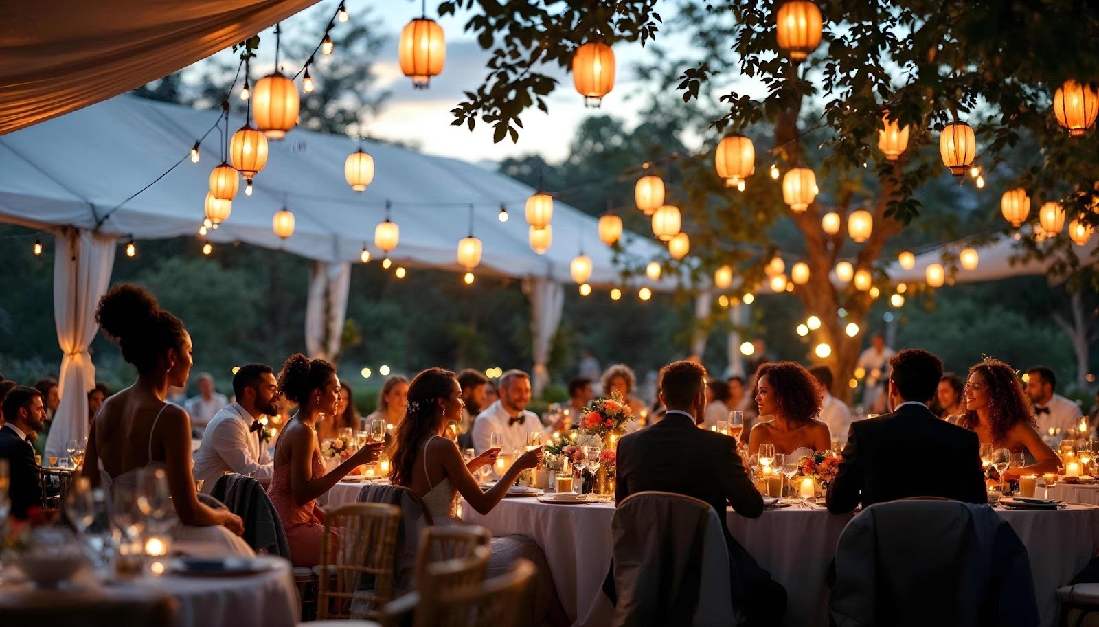 Vintage-style lanterns glowing softly along a wedding aisle and hanging from tree branches, adding a timeless and elegant charm to the outdoor evening reception.