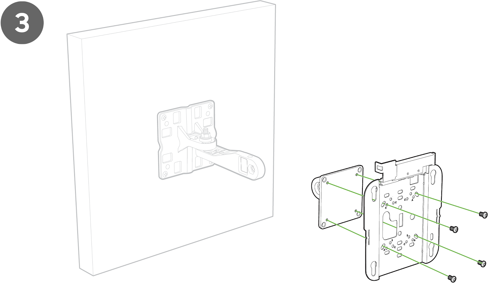 Image showing attachment of AIR-AP-BRACKET-2 to the access point bracket plate by using four M4 screws through the holes in the bracket