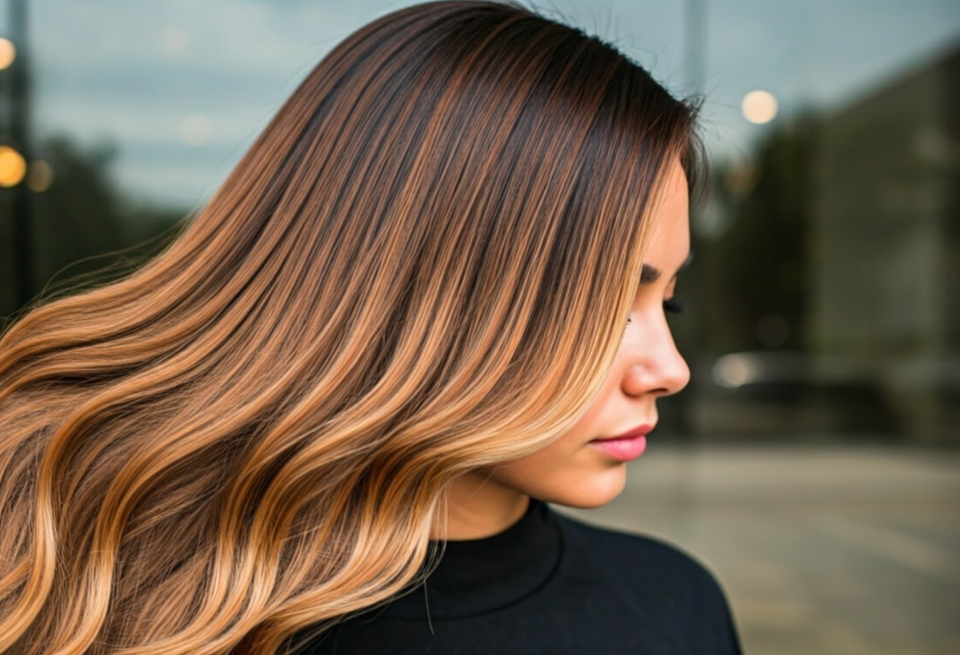 Model with caramel honey balayage hair