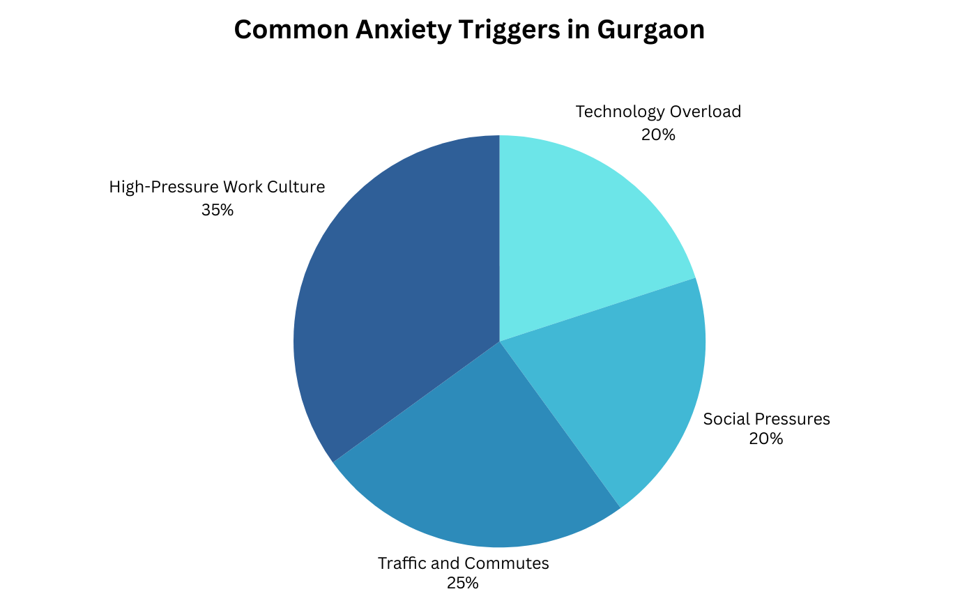 Pie chart showing common anxiety triggers in Gurgaon: work culture, traffic, social pressures, technology.