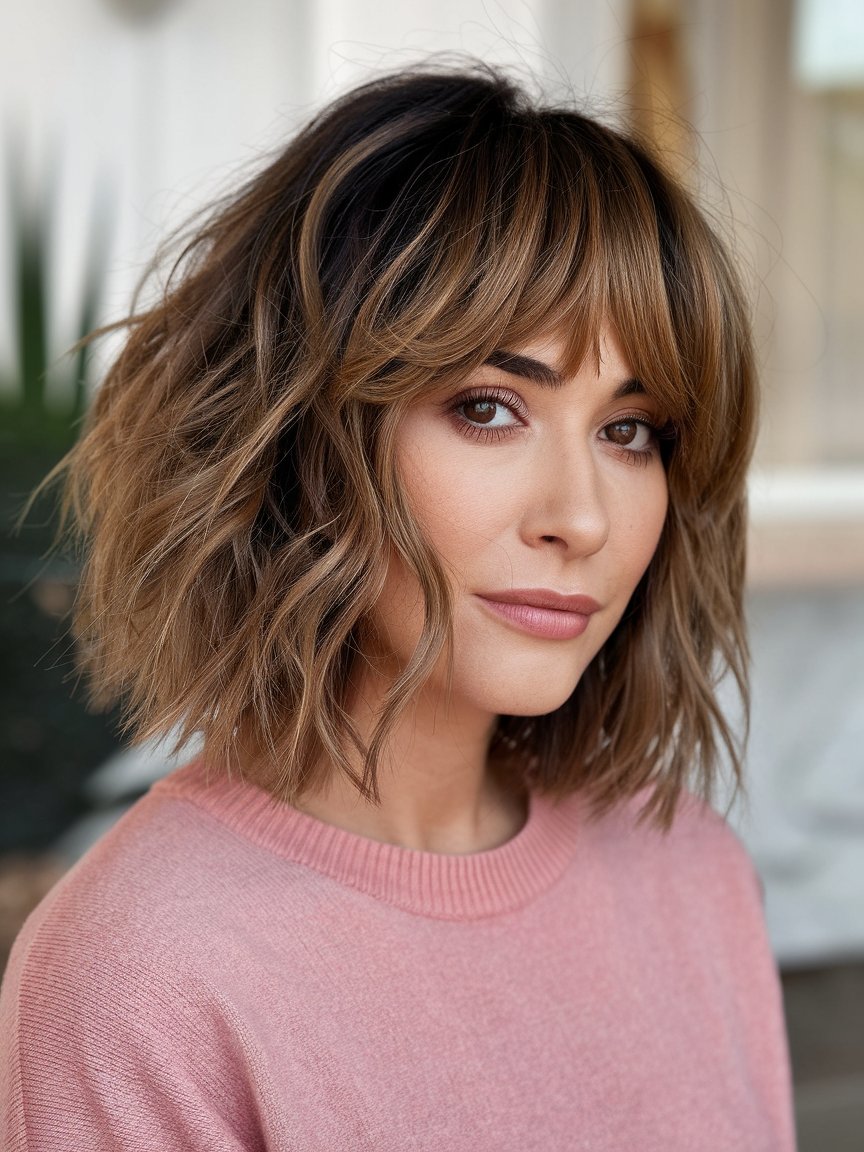 58. Inverted Caramel Bob with Wavy Layers