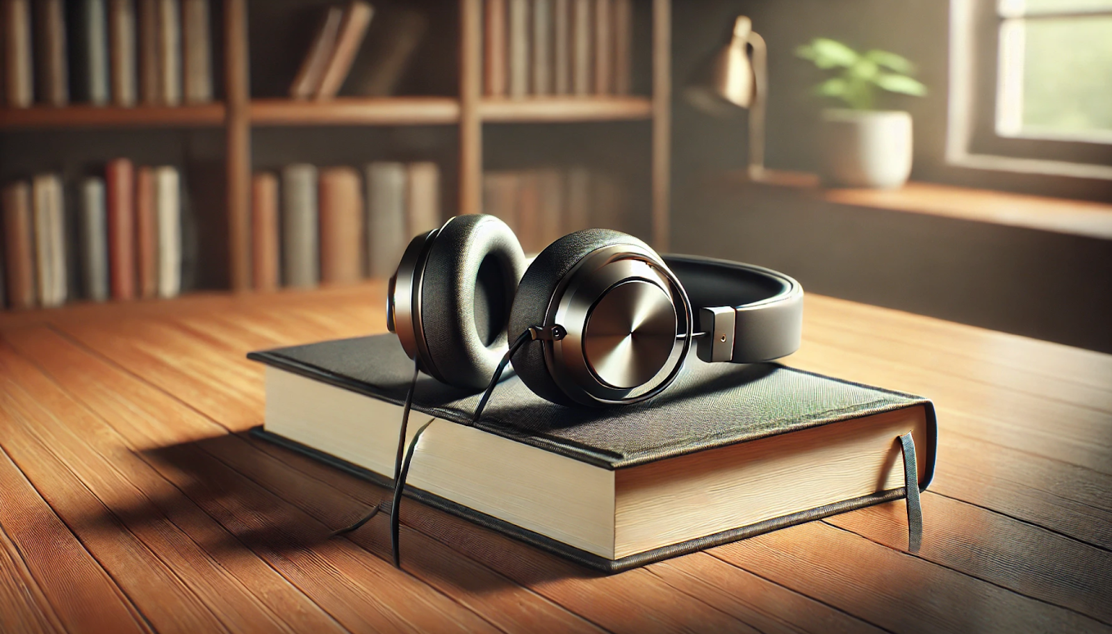 Headphones resting on a book in a cozy library.