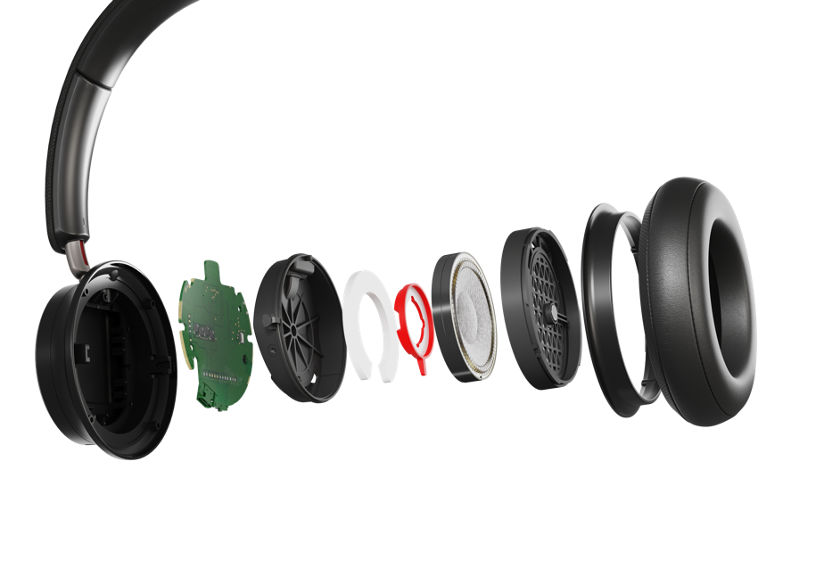 A close-up of a black headphones

Description automatically generated