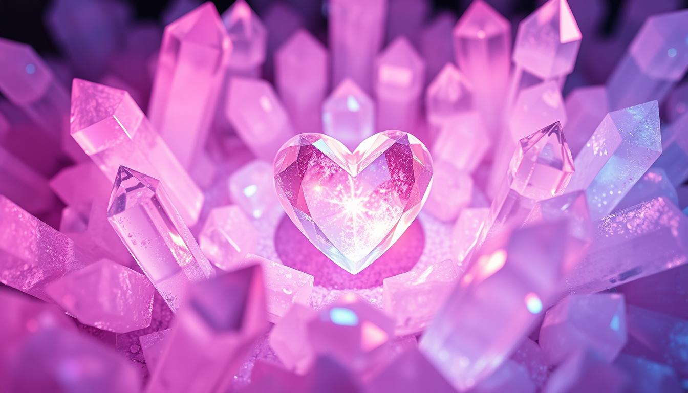 An image of shimmering crystals in shades of pink and blue, arranged in a circular pattern. The crystals should radiate energy and light, and be surrounded by a soft glow. In the center of the circle, there should be a heart-shaped crystal that appears to pulse with warmth and love. The image should evoke feelings of connection and communication, as if the crystals are enhancing the power of human connection.