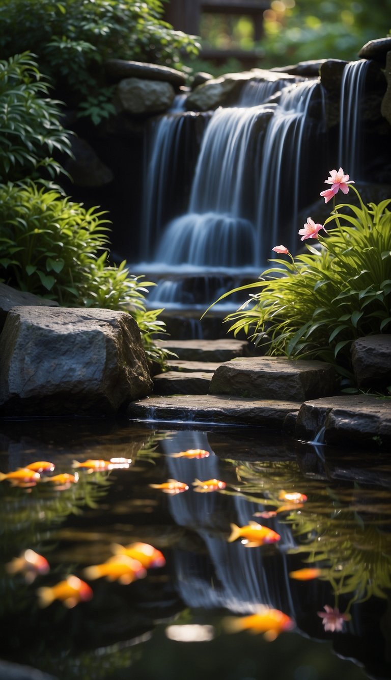 A cascading waterfall with glowing LED lights illuminates a tranquil koi pond, creating a serene and enchanting atmosphere