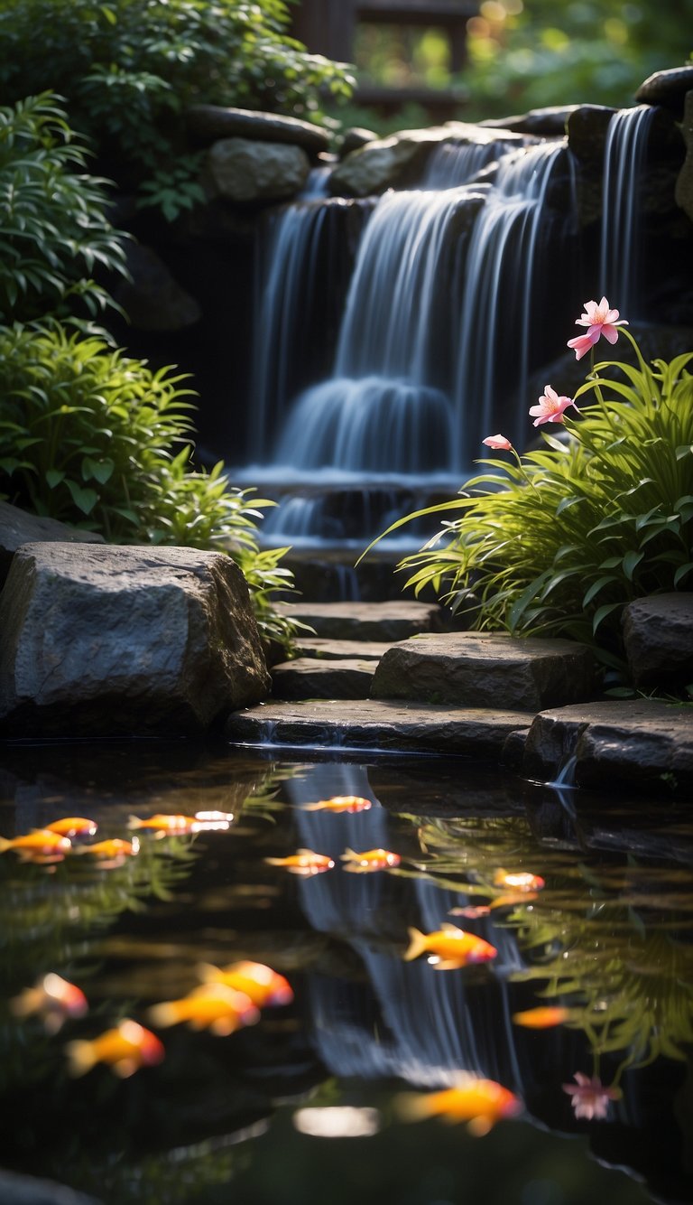 A cascading waterfall with glowing LED lights illuminates a tranquil koi pond, creating a serene and enchanting atmosphere