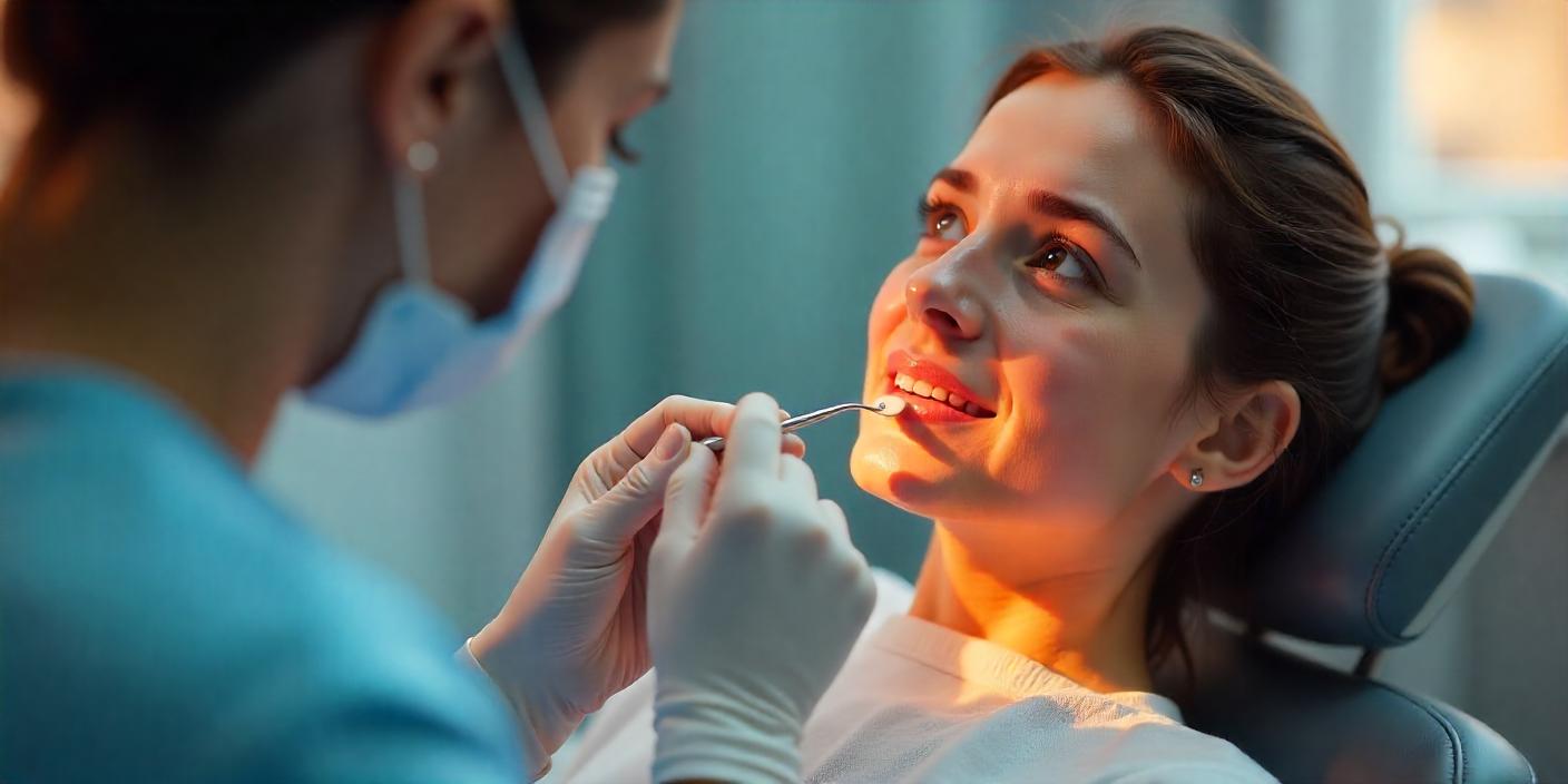 Woman receiving a dental check-up, highlighting professional care for gum disease prevention.