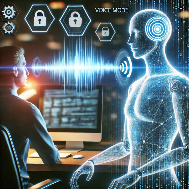 A digital scene showing a glowing AI figure conversing with a user at a computer. The AI's voice mode is symbolized by a waveform, with light connecting them, indicating emotional attachment. Background elements hint at potential risks like privacy and manipulation