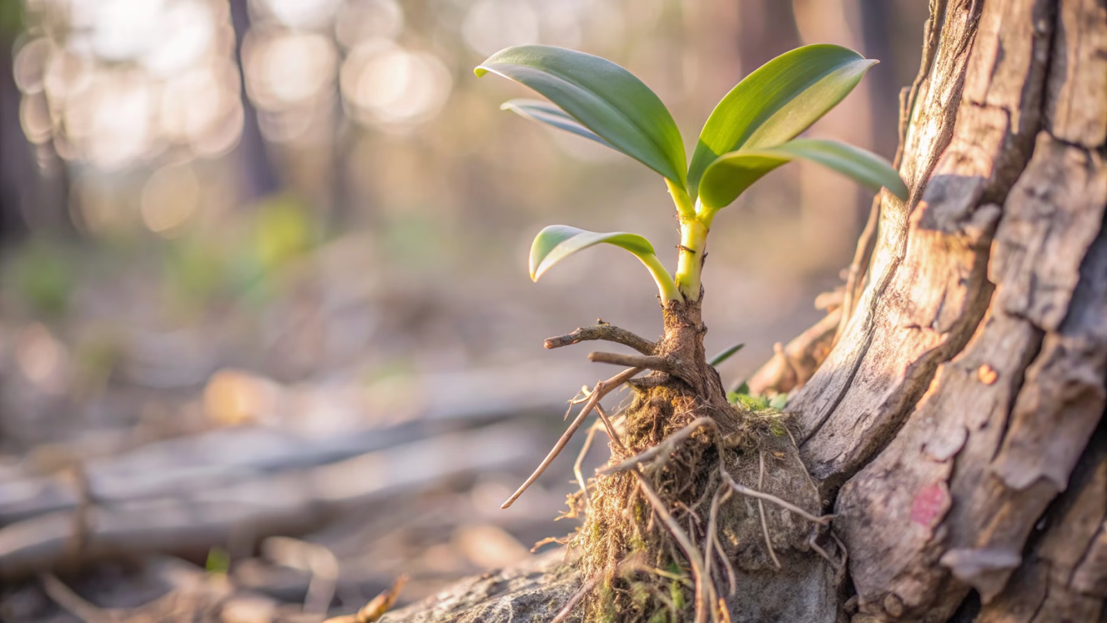 Muda de orquídea crescendo em tronco com raízes expostas.