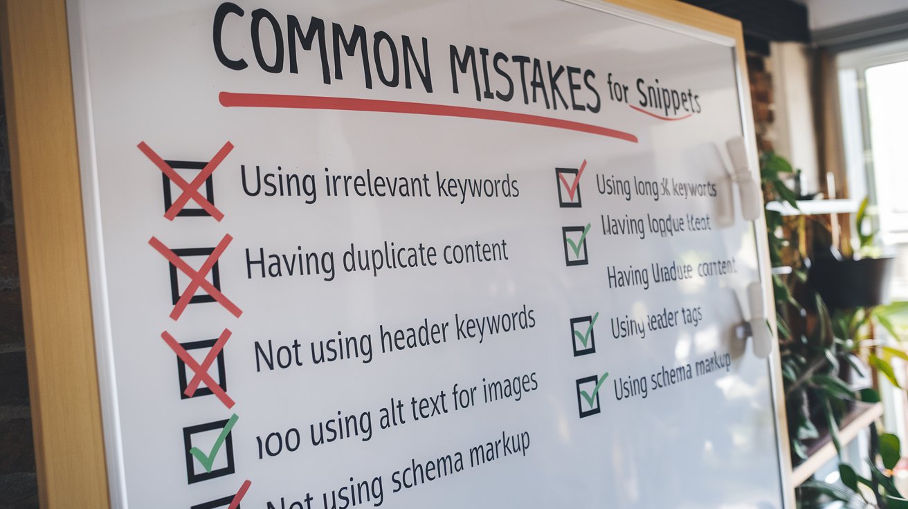 A checklist highlighting common mistakes to avoid when optimizing for Google Featured Snippets.