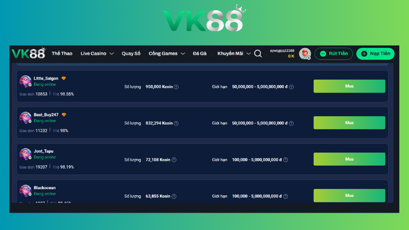 Cách giao dịch mua Kcoin trên sàn P2P VK88