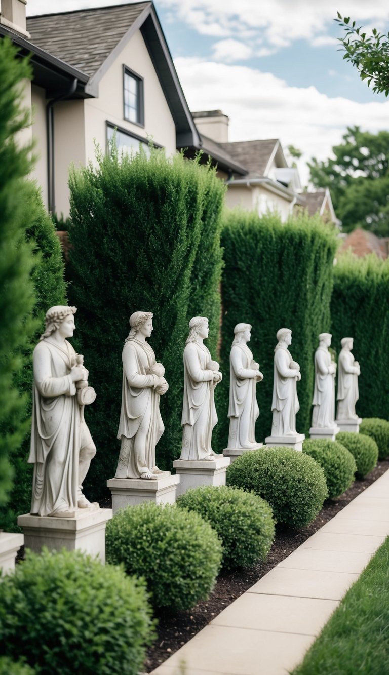 A row of garden statues stand among lush greenery, creating a barrier between two houses. Tall bushes and trees provide privacy in the background