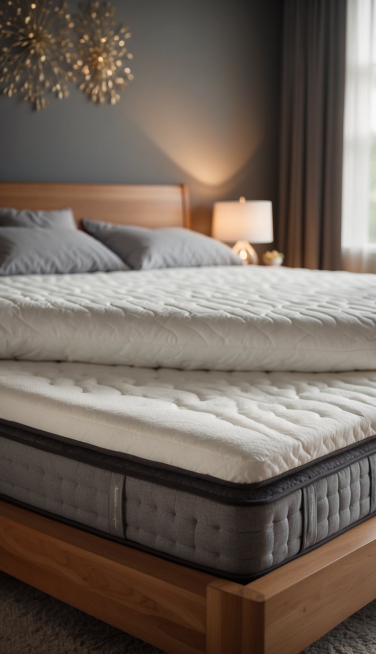 A memory foam mattress topper placed on a king-sized bed with two nightstands, soft lighting, and a cozy atmosphere