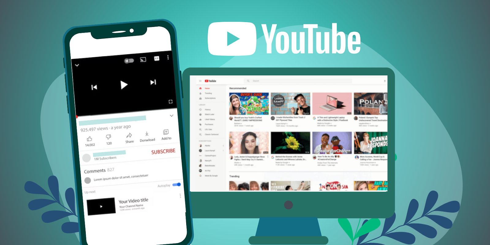 YouTube interface on phone and desktop, showing B2B content promotion on social media.