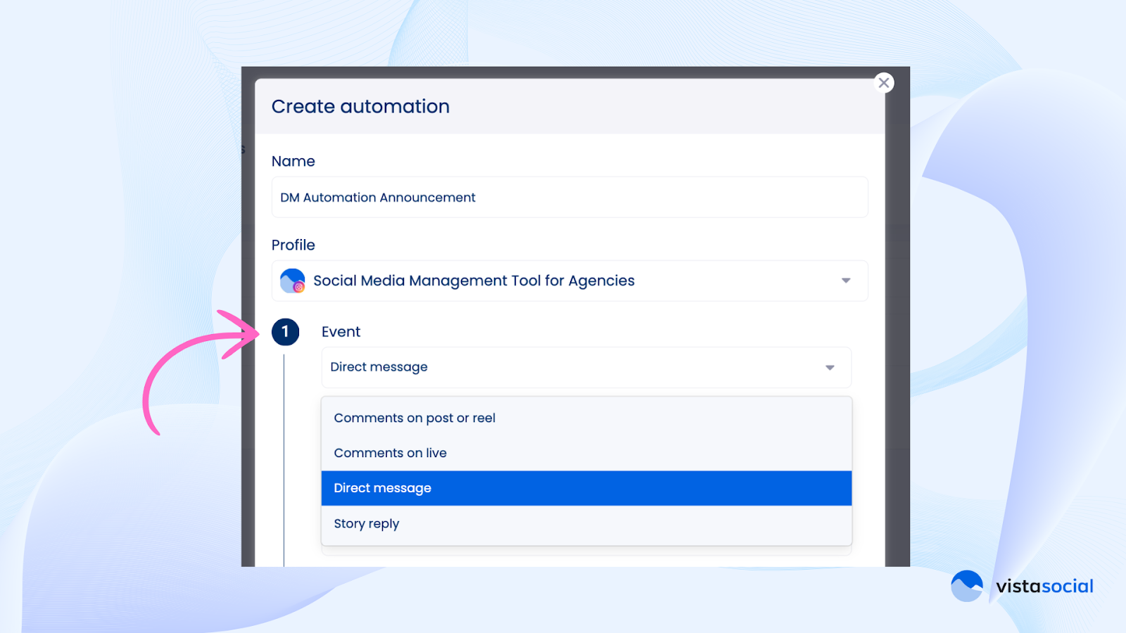 To automate social media DMs and comments, choose what trigger will start the process.