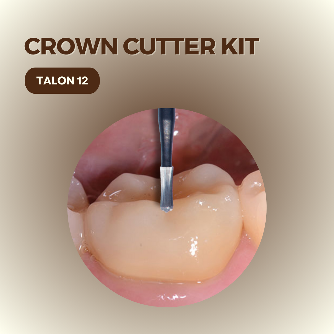 Mr. Bur Crown Cutter Kit for efficient crown removal, featuring hybrid and carbide burs with an instrument for safely cutting and separating zirconia, PFM, and e.max crowns.