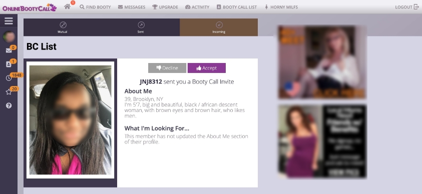 onlinebootycall.com dating site BC list feature profile view