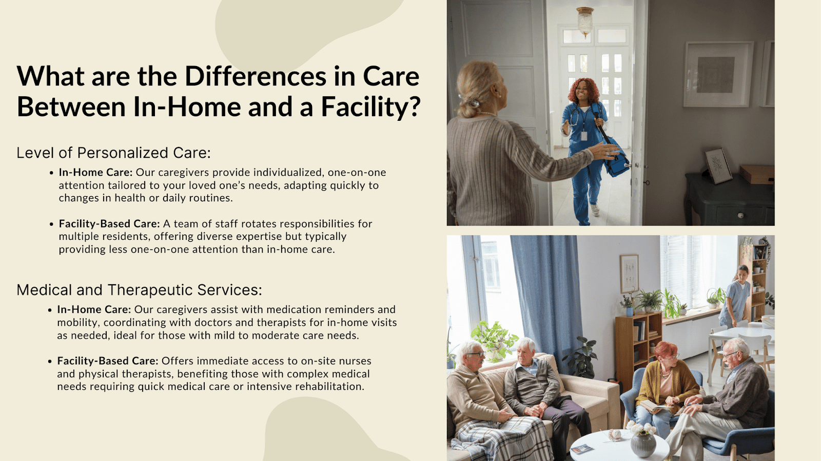 This infographic details the differences in care between in-home care and a facility