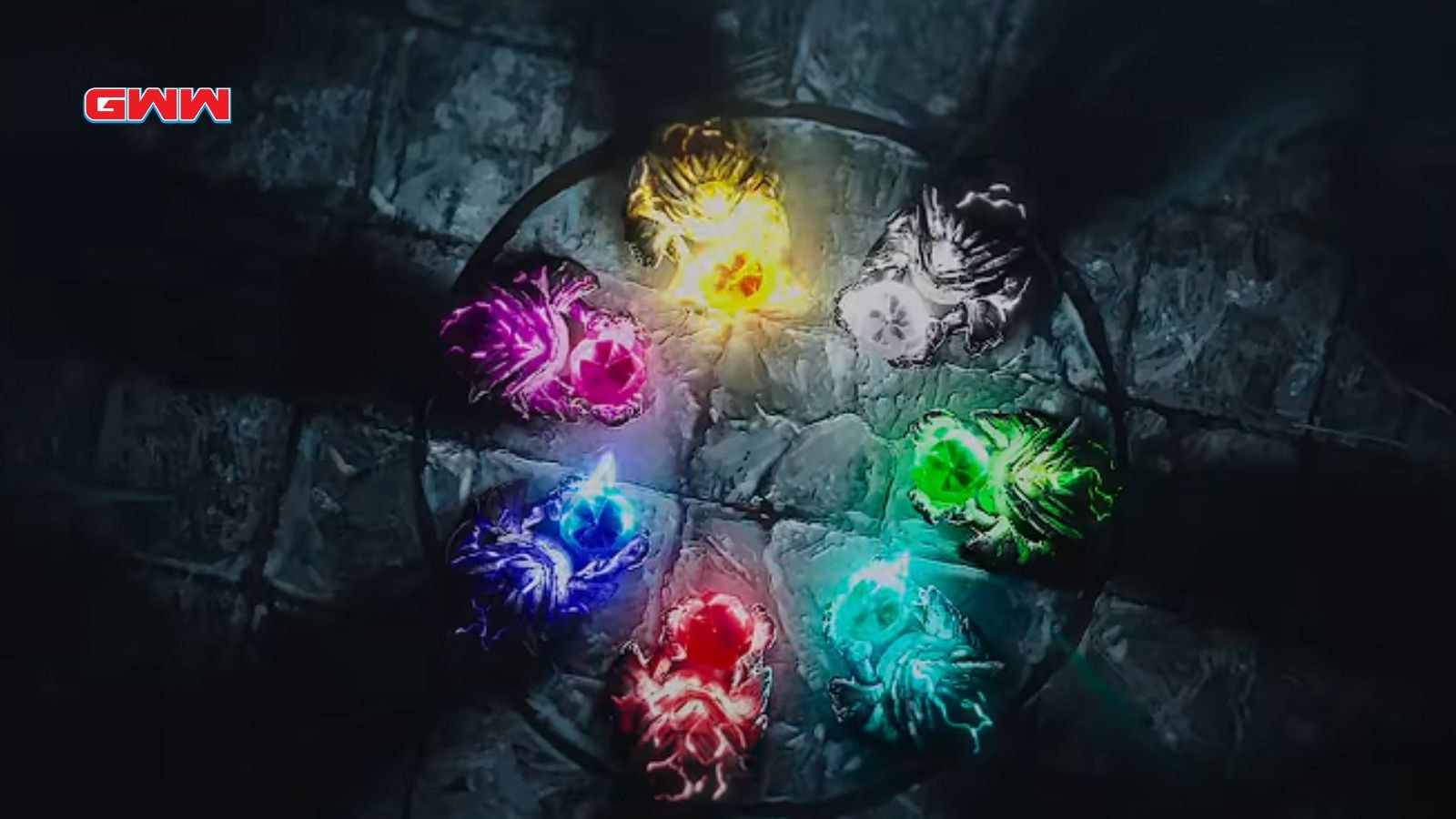 Colorful Master Emeralds arranged in a mystical formation from Sonic the Hedgehog.