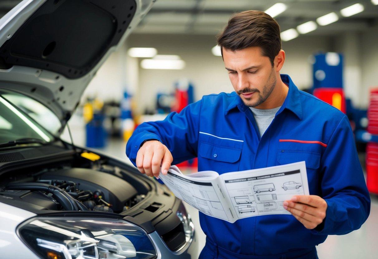 A mechanic consulting wiring diagrams and schematics while using OEM service manuals for car repair