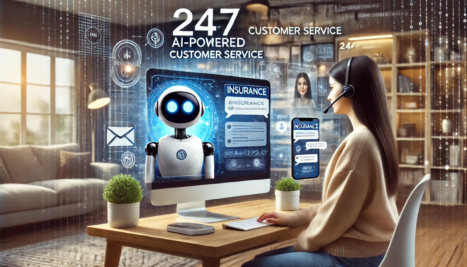 An image showing a virtual assistant chatbot interface on both a computer and a mobile device screen. A young Middle Eastern woman interacts with the chatbot for insurance inquiries from her cozy home. The chatbot screen displays text bubbles with insurance policy questions and updates, emphasizing 24/7 customer service.